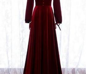 Charming Dark Red Velvet Long Sleeves A-line Party Dress, Bridesmaid Dress