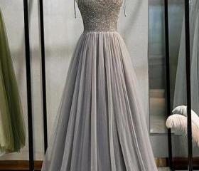 Tulle with Beaded Long Dresses Steel Grey Plus Size