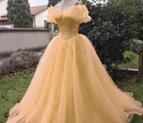 Yellow Tulle A Line Sequin Ruffles Strapless Prom Dress