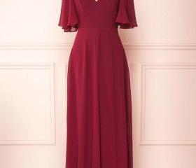 A Line Two Piece V Neck Burgundy Chiffon Criss Cross Prom Dress LBQ3064 main image 1