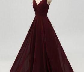 Elegant Burgundy A Line Halter Pleated Chiffon Without Sleeves Long Prom Dress, Evening Dress C6489