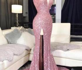 13970 Pink Slit Mermaid Dress