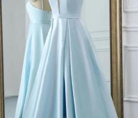 Elegant A-line Ruffles Sleeveless Square Satin Oceanblue Prom Dresses
