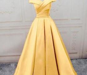 Elegant Pale Yellow A-line Off-shoulder Slit Embroidered Satin Long Evening Dress cc4976