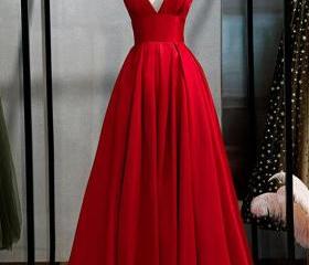 Red v neck satin A-line long prom dress red bridesmaid dress main image 0