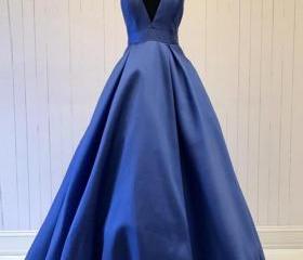 V-Neck Floor-Length Satin Prom Dress Ink Blue Plus Size