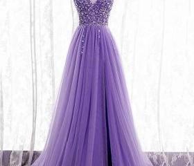 Elegant Purple A-line V Neck Tulle Evening Dress Y5633