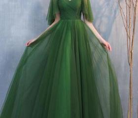 Long Tulle Dress with Convertible Back Design Dark Green