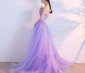 Amazing Lilac Sweetheart Off-The-Shoulder Tulle Evening Dress With Appliques main image 1