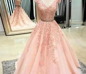 A Line Pink V Neck Chiffon Appliques Prom Dress with Slit LBQ4064 main image 1