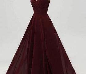 Unique Plunge V neck Burgundy Chiffon Flowy Prom Dress with Side Slits main image 0