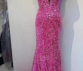Mermaid Spaghetti Straps Rose Gold Sequins Prom Dress LBQ3981 main image 1