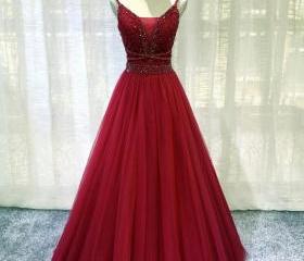 Vintage Burgundy A-line Strapless Tulle Long Prom Dress Evening Dress cc4965 main image 1