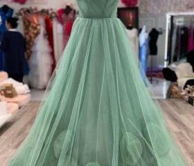 Mint Green A Line Evening Dresses,3D Flowers Prom Dresses,Formal Occasion Y6788