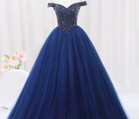Blue Off the Shoulder Tulle Long Formal Prom Dress with Sash, Sparkly Formal Prom Gown main image 1
