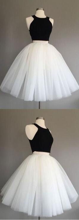 Black And White, 2 Pieces Prom Dress, A-line, O-neck, Tulle Homecoming Dress, Homecoming Dresses, Short Prm Dress, Granduation Dress