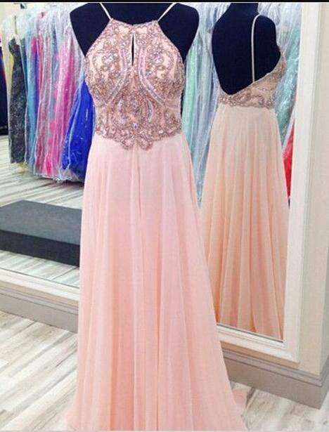 Halter A-line Long Prom Dress, Evening Dress, Beading Chiffon Prom Dress , Prom Dress