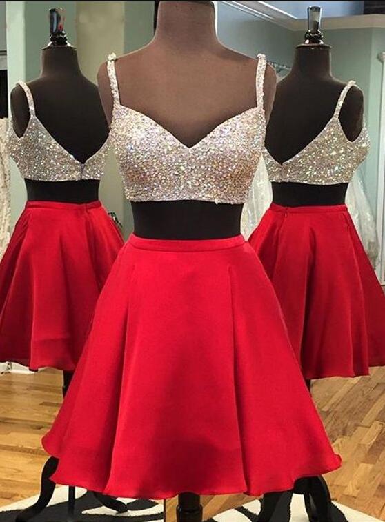 Luxurious A-line Beads Short Two-piece Homecoming Dress, Red Homecoming Dresses, Red Backless Short Party Dresses, Short Prom Dress, Two Pieces