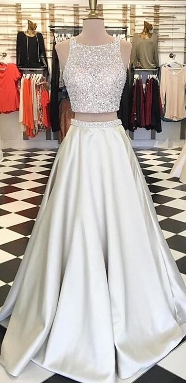 Custom Made White Beaded Sequin Two-piece Satin Prom Dress, Bridesmaid Dress