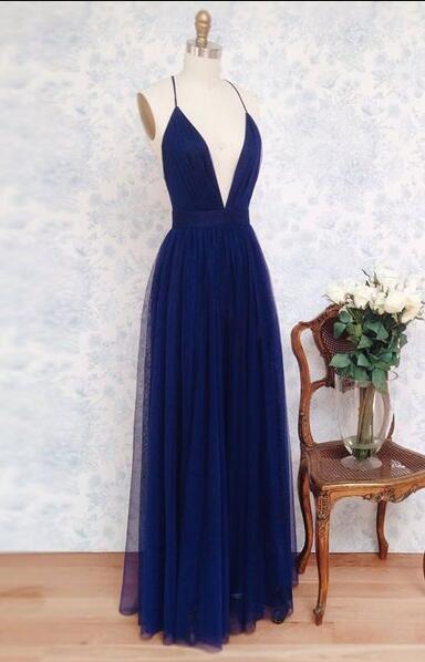 Charming Deep V Neck Sleeveless Tulle Prom Dresses,simple Evening Dress, Navy Blue Prom Dresses, Backless Prom Dress,party Dress