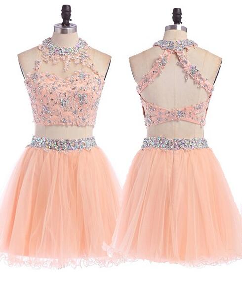 green emerald velvet dress Pink Tulle Lace Long Prom Dress, A-Line Two Pieces Graduation Dress main image 1