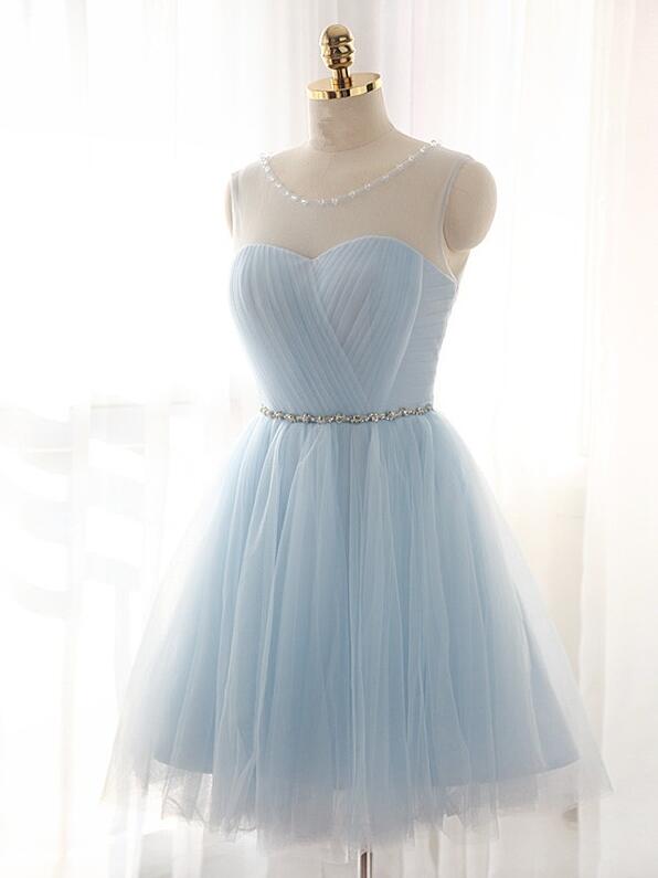 Sheer Sleeveless Ruched Tulle Short Homecoming Dress, Prom Dress, Formal Dress