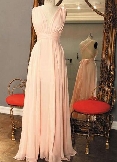 Pink Chiffon Plunge V Sleeveless Floor Length A-line Bridesmaid Dress Featuring Criss-cross Open Back, Formal Dress