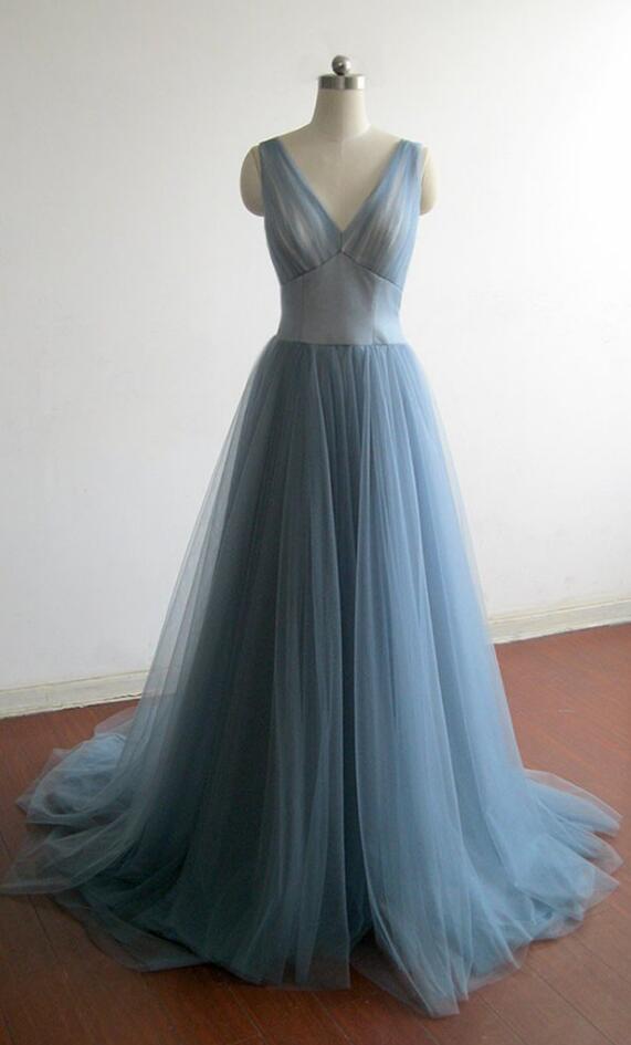 Grey Blue Tulle Long Prom Dress,elegant Prom Dress,v Neck Bridesmaid Dress,2017 Evening Dress