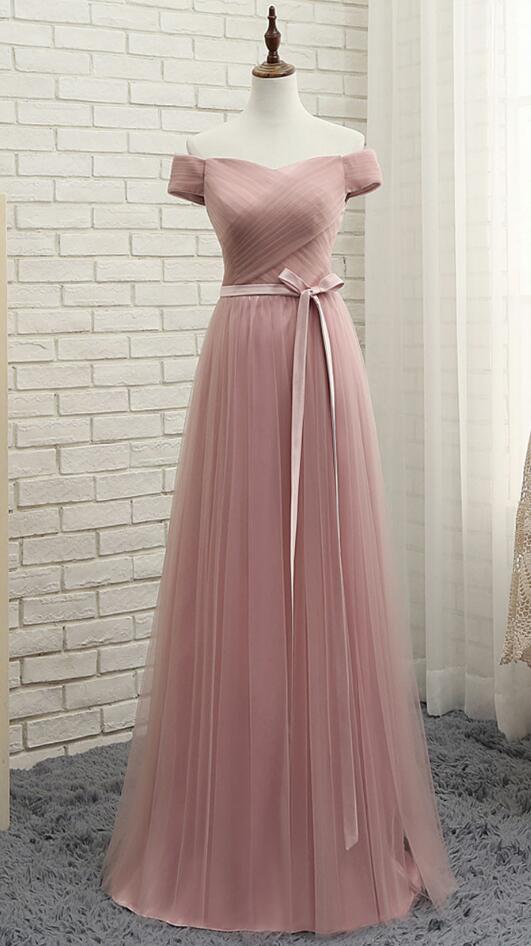 Off Shoulder Elegant Blush Tulle Bridesmaid Dress, Long Prom Dress With Sash,sweetheart Bridesmaid Dresses