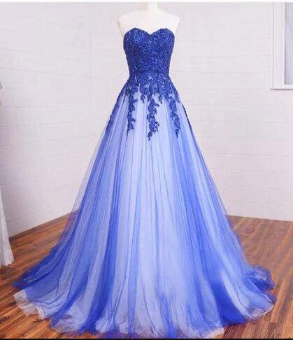 A-line Lace Tulle Long Prom Dresses, Sweetheart Formal Dresses, Blue Lace Long Prom Dress, Lace Evening Dress