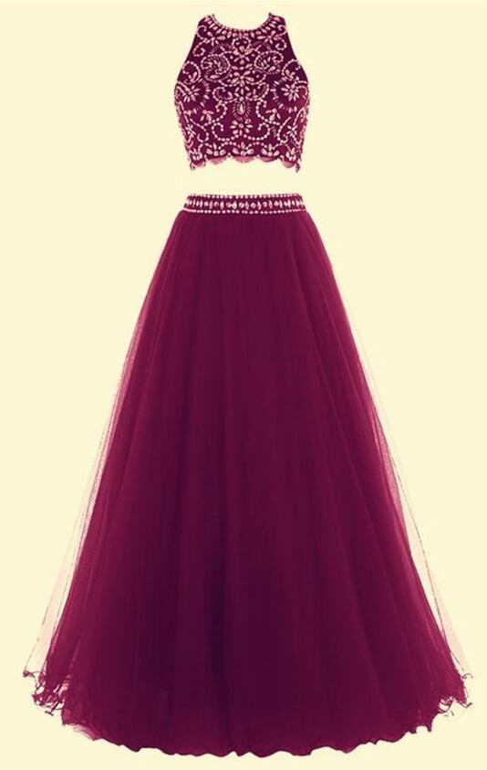 A Line Halter Long Burgundy Prom Dress Tulle Two Piece Prom Dress