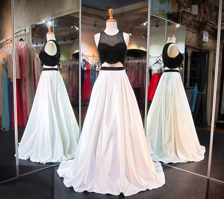 Two Pieces Prom Dresses, Sexy Black And White Party Prom Dress, A Line Custom Long Prom Dress, Party Prom Dress