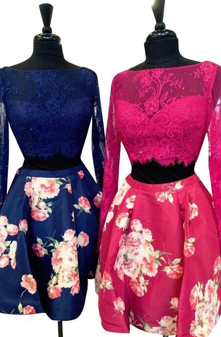 Long Sleeves Short Homecoming Dress,royal Blue Homecoming Dress With Lace Beading Print Flower