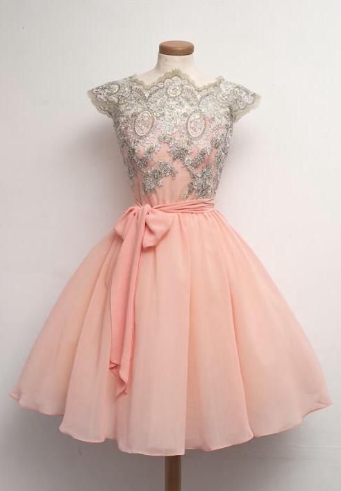 Skin Pink Prom Dress,chiffon Cap Sleeves Short Hoemcoming Dress,party Dress With Appliques