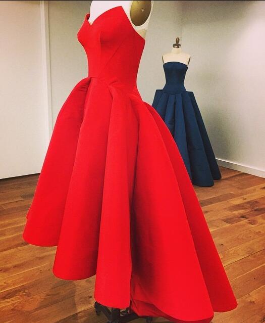 Fashion Red Satin Prom Dress,tea Length High Low Prom Gown, Short Prom Dress