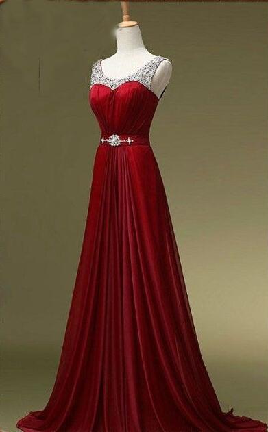 Wine Red Beaded Prom Dress,floor Length Chiffon Prom Dress, Prom Gown