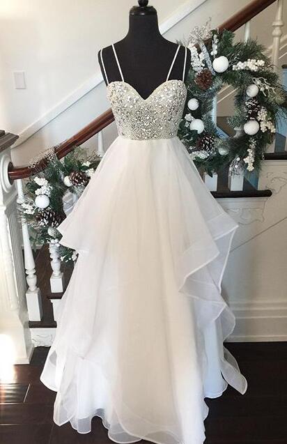 Sexy Tulle Beaded Sweetheart Prom Dress,layered Skirt Wedding Dress With Spaghetti Straps