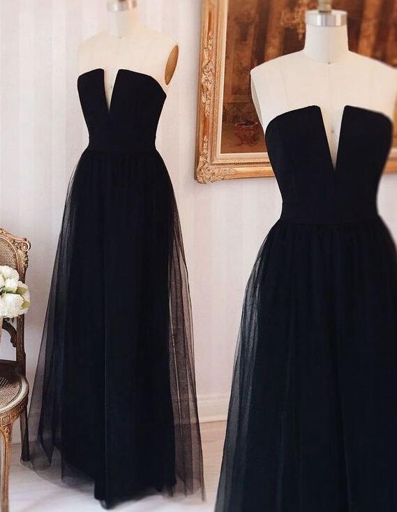 Simple Strapless Black Prom Dress, Tulle Long Prom Dress/evening Dress