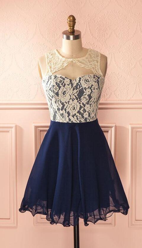 Cute Lace Homecoming Dress,round Neck Navy Blue Lace Short Prom Dress