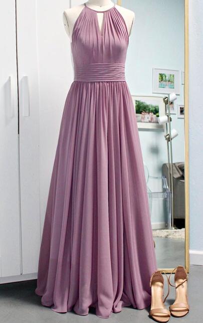 Simple Halter Chiffon Bridemsaid Dress,light Long Purple Bridesmaid Dress,a Line Pleated Prom Dresses