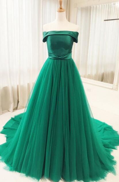 Green Tulle Long Prom Dress, Party/evening Dresses,sweep Train A Line Prom Dresses