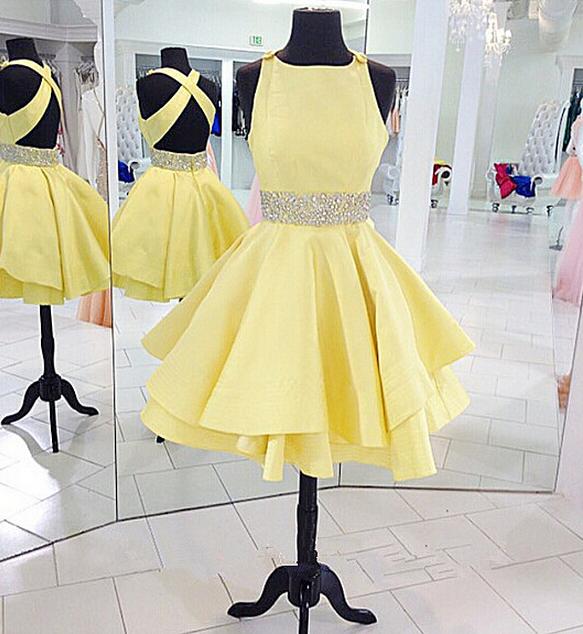 Round Neck Yellow Short Homecoming Dress,short Prom Dress, Women Beading Short Prom Dress