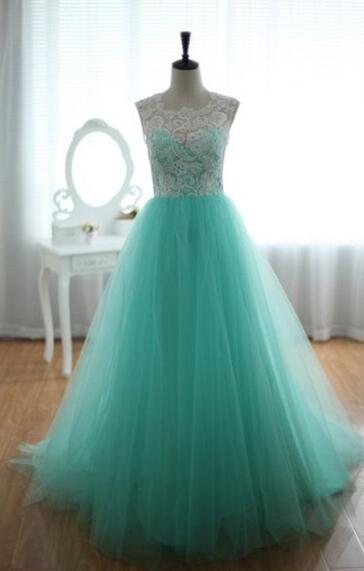 Floor Length Mint Tulle Prom Dress , Prom Dress,lace Prom Dress