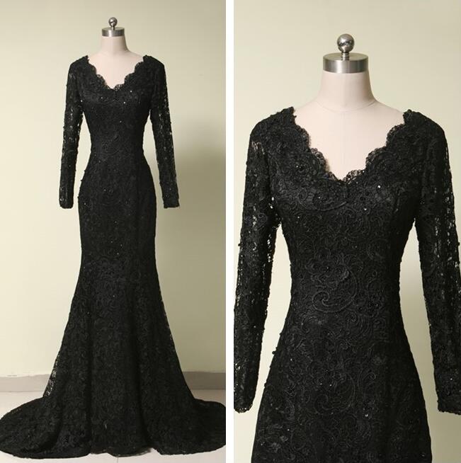 V Neck Lace Prom Dress,black Prom Dress,fashion Prom Dress,sexy Prom Dress, Evening Dress