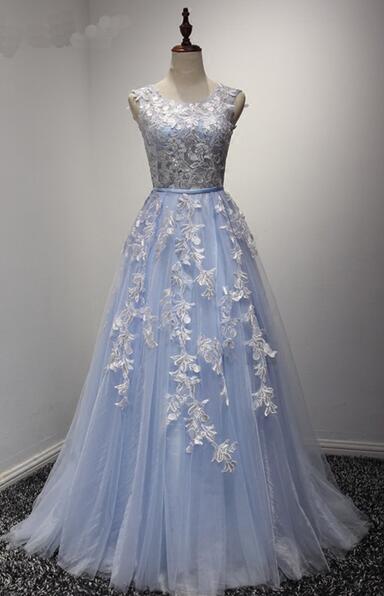Elegant Blue Tulle Prom Dress, Sleeveless Long Lace Appliques Prom Dress, Senior Prom Dress, Long Prom Evening Dress