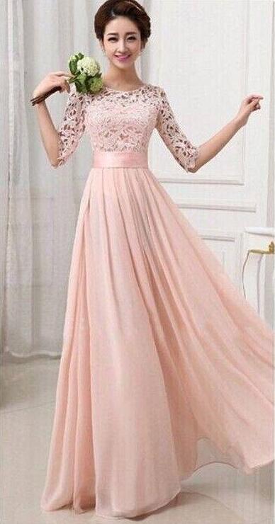 A Line Round Neck Prom Dress,half Sleeves Pink Long Prom Dresses, Custom Made Evening Dresses, Pink Bridesmaid Dresses