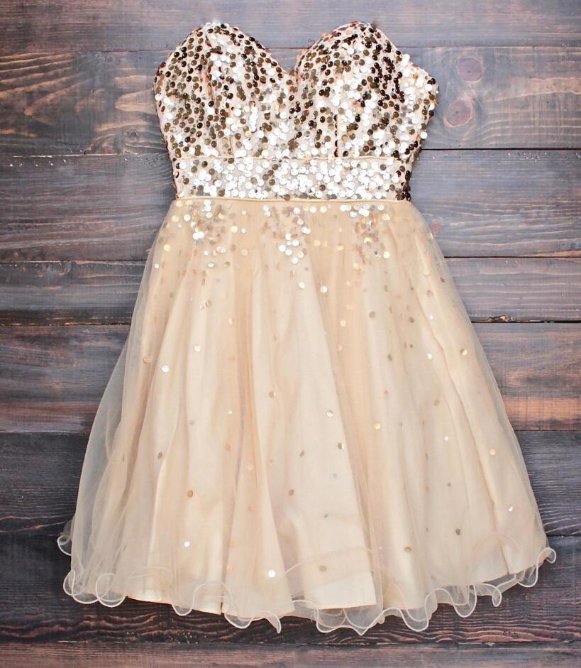 Gold Sequin Homecoming Dresses,sweetheart Strapless Party Dresses, Short Prom Dresses, Gold Bridesmaid Dresses, Cocktail Dresses