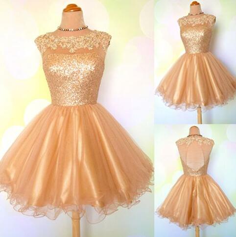 Gold Sequin Prom Dress, Open Back Short Homecoming Dress, Scoop Neck Lace Homecoming Dress, Evening Dress
