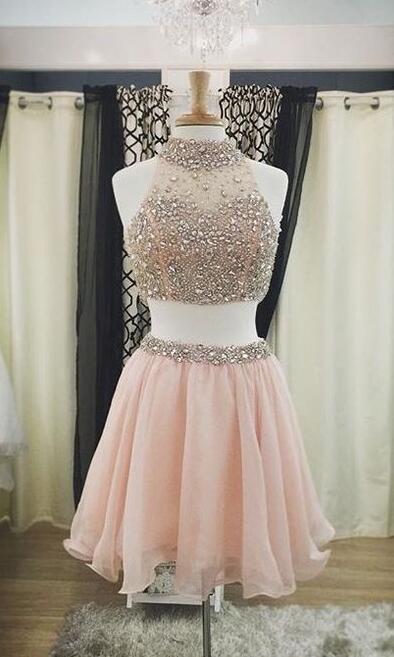 Two Pieces Pink Homecoming Dresses,beading Prom Dress For Teens,halter Beading Party Dresses,beautiful Graduation Dress