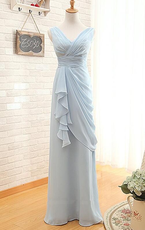 Sleeveless Long Chiffon Bridemsaid Dress,long Bridesmaid Dress,v Neck Light Blue Prom Dress,wedding Bridesmaid Dress,high Quality Bridesmaid